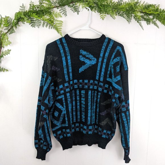 Vintage Black and Blue Patterned Acrylic Sweater - Picture 1 of 4